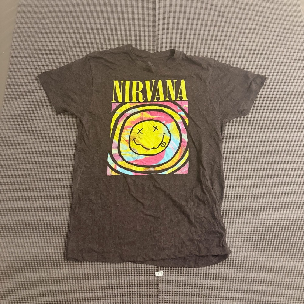 Nirvana Smiley Face Tie Dye Graphic Tee Charcoal Heather Small
